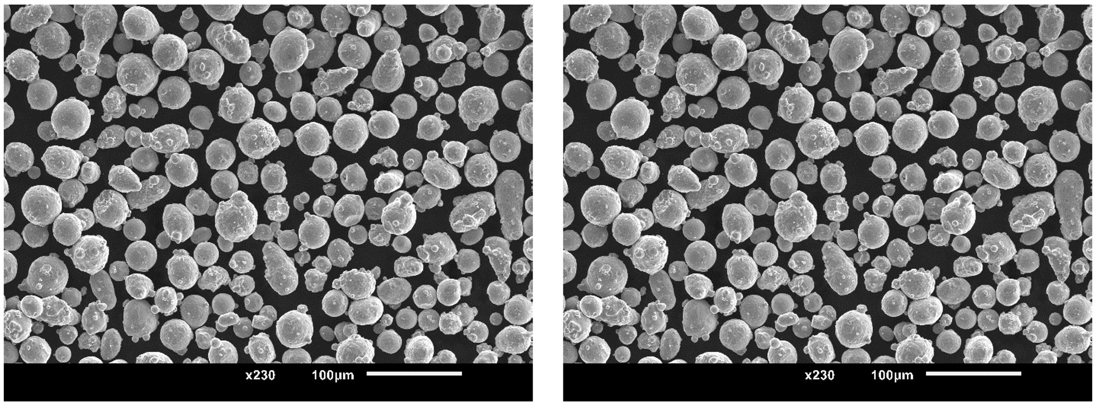 SEM micrographs of spherical 316L powder’s particles, produced by gas atomization